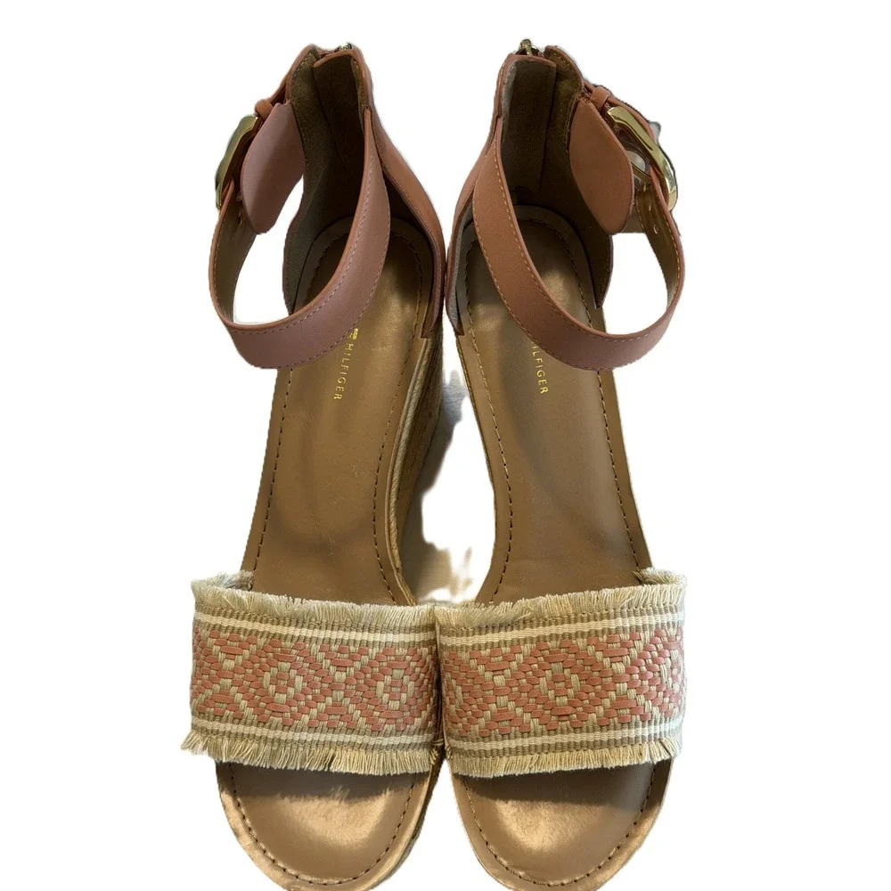 Tommy Hilfiger Pink Beige Espadrille Wedge Sandals Ankle Strap Platform 11M